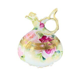 Antique Nippon Hand Painted Green Vase Pitcher Ewer Floral Gold Trim Porcelain